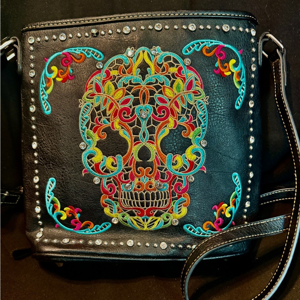 Embroidered Sugar Skull Black Crossbody Bag